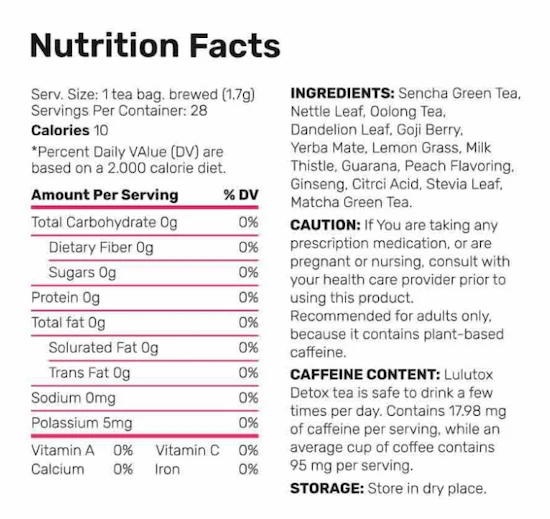 Lulutox Detox Tea Nutrition Facts